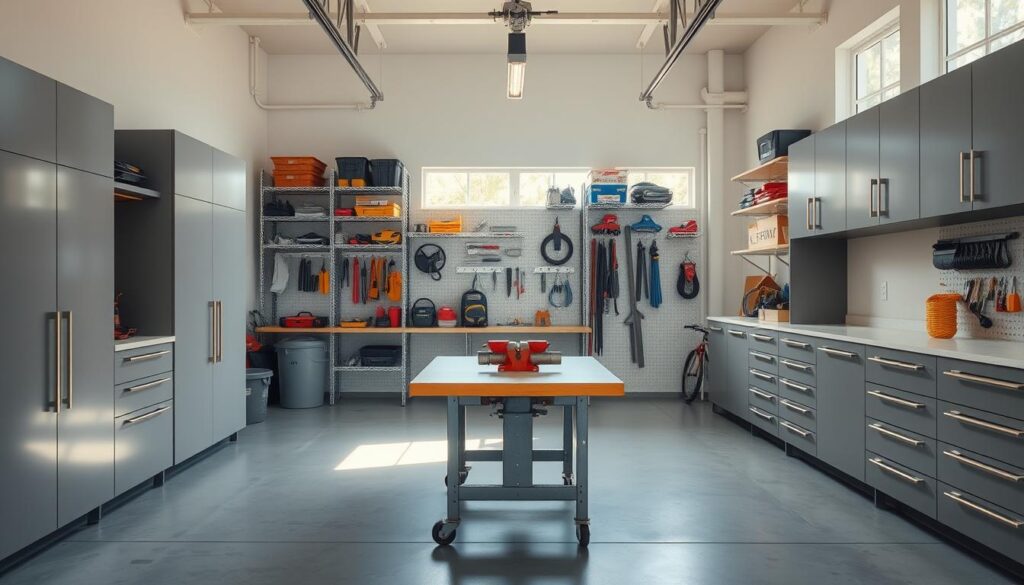 A bright, airy garage interior with organized storage solutions and functional workspaces. A sturdy metal shelving unit lines the back wall, filled with neatly arranged tools and supplies. In the center, a workbench with a vise and hanging pegboard for easy access to frequently used items. Natural light streams in through large windows, casting a warm glow across the space. Sleek cabinets and drawers line the side walls, providing ample hidden storage. The concrete floor is clean and uncluttered, allowing for easy movement around the room. An inviting atmosphere that combines practicality and thoughtful design.