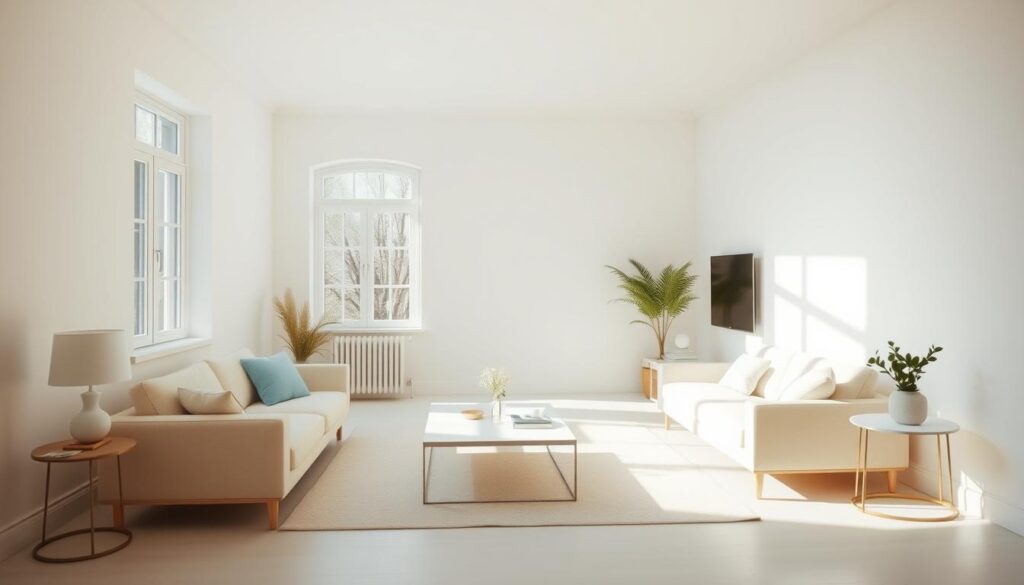 A bright, airy living room bathed in soft, natural light. The walls are painted in a warm, inviting shade of white, creating a serene and calming atmosphere. Strategically placed windows allow the sunlight to pour in, casting a gentle glow throughout the space. The minimalist furniture, with clean lines and a neutral color palette, complements the overall aesthetic. Accents of pastel hues, such as soft blues and yellows, add pops of color that enhance the sense of airiness and lightness. The room is designed to feel open and spacious, with an emphasis on simplicity and functionality. The combination of natural light, bright colors, and uncluttered design creates a harmonious and rejuvenating environment. A bright, airy living room bathed in soft, natural light. The walls are painted in a warm, inviting shade of white, creating a serene and calming atmosphere. Strategically placed windows allow the sunlight to pour in, casting a gentle glow throughout the space. The minimalist furniture, with clean lines and a neutral color palette, complements the overall aesthetic. Accents of pastel hues, such as soft blues and yellows, add pops of color that enhance the sense of airiness and lightness. The room is designed to feel open and spacious, with an emphasis on simplicity and functionality. The combination of natural light, bright colors, and uncluttered design creates a harmonious and rejuvenating environment.