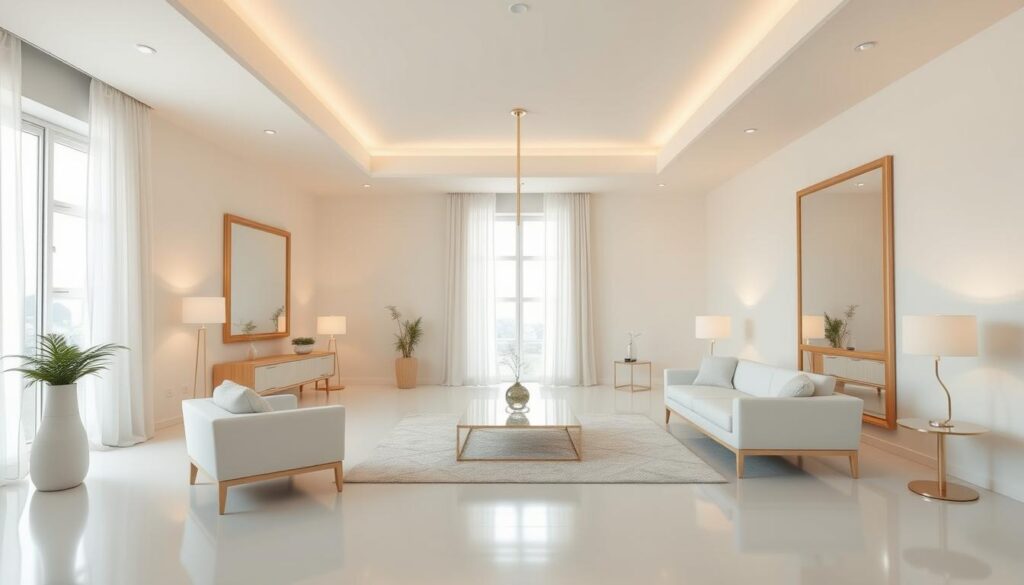 A bright, airy room with soft, pastel walls that create an illusion of depth and spaciousness. Strategically placed mirrors on the walls reflect natural light, amplifying the sense of openness. Clean, minimalist furniture with sleek lines and light wood tones fill the space, giving it an elegant, modern feel. Gentle, diffused lighting from ceiling fixtures and floor lamps casts a warm, inviting glow throughout the room. Large windows with sheer curtains allow the daylight to flow in, further enhancing the perception of a larger, more expansive environment. The overall atmosphere is calm, serene, and visually calming, evoking a sense of relaxation and comfort.