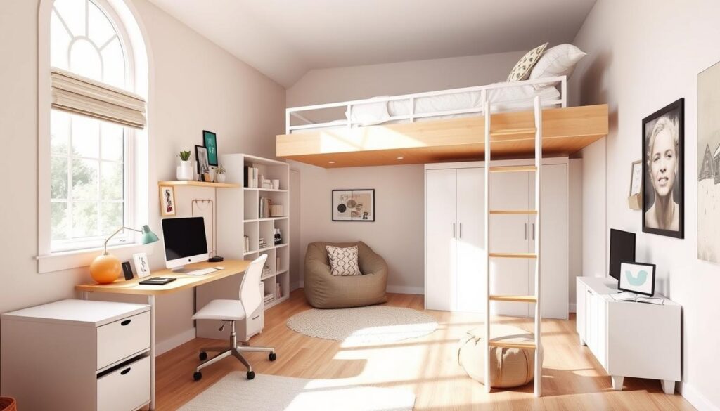 A bright, airy teenage bedroom with a smartly optimized layout. The foreground features a compact, multifunctional desk tucked neatly into a corner, its streamlined design maximizing the available floor space. Overhead, floating shelves display personal mementos and storage solutions. The middle ground showcases a cozy reading nook, with a plush beanbag chair nestled beneath a large window that floods the room with natural light. In the background, a lofted bed platform elevates the sleeping area, freeing up the ground floor for additional furnishings and activities. Soft, neutral tones and clean lines create a sense of order and efficiency, while playful accents inject youthful personality. An ergonomic, well-organized layout that balances form and function.