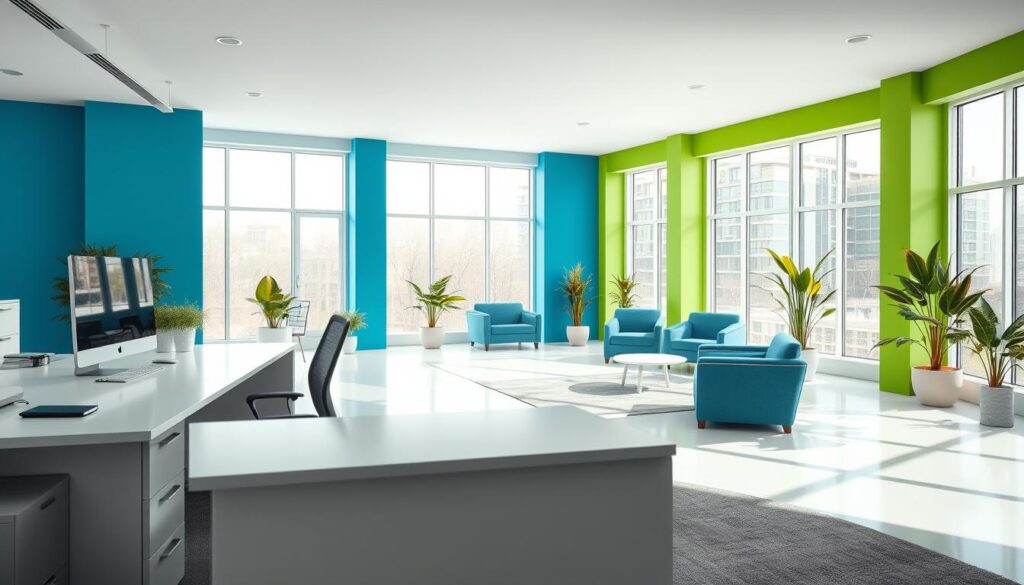 A bright, spacious office interior with a well-designed color scheme. The foreground features a large, modern desk with a sleek computer setup and minimalist decor. The middle ground showcases vibrant accent walls in shades of blue and green, complemented by plush armchairs and potted plants. The background reveals floor-to-ceiling windows, allowing natural light to flood the space and create a warm, inviting atmosphere. The lighting is soft and even, creating a harmonious balance between the vibrant colors and the clean, modern aesthetic. The overall composition conveys a sense of productivity, focus, and visual appeal, perfectly capturing the essence of a well-designed office environment.