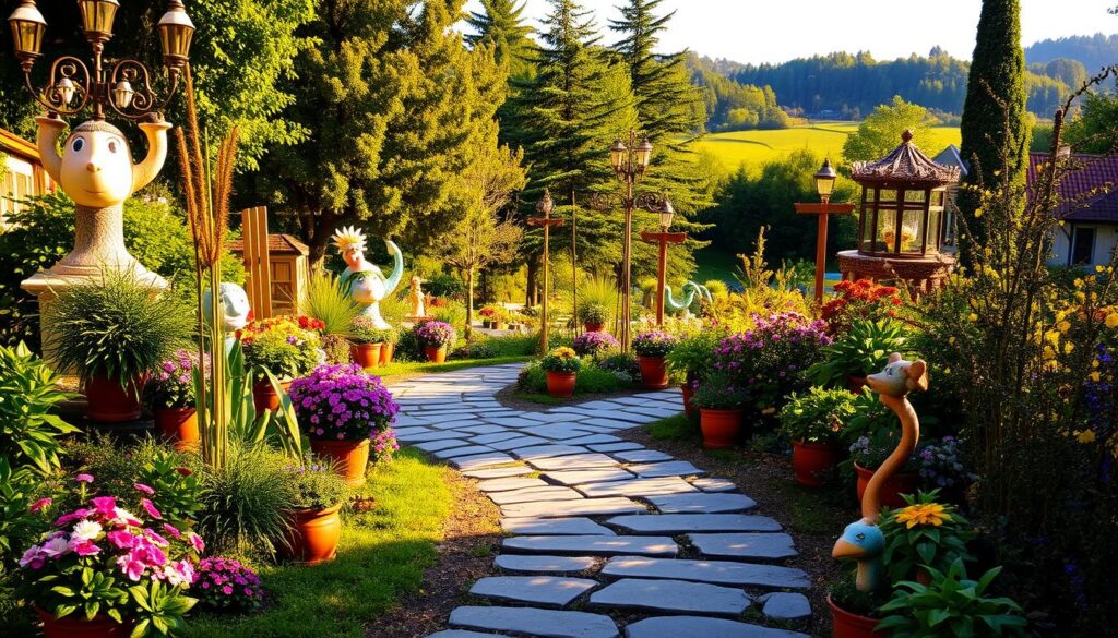 A charming and inviting garden path, lined with lush greenery and delightful decorative elements. The foreground features a winding stone walkway, adorned with vibrant flower beds and potted plants in a variety of colors and textures. In the middle ground, whimsical garden sculptures and ornaments add a touch of personality, while the background showcases a verdant backdrop of towering trees and a serene, natural landscape. The scene is bathed in warm, golden sunlight, casting a cozy and inviting atmosphere. Soft shadows and highlights add depth and dimension to the image, creating a sense of tranquility and inspiration for the viewer.
