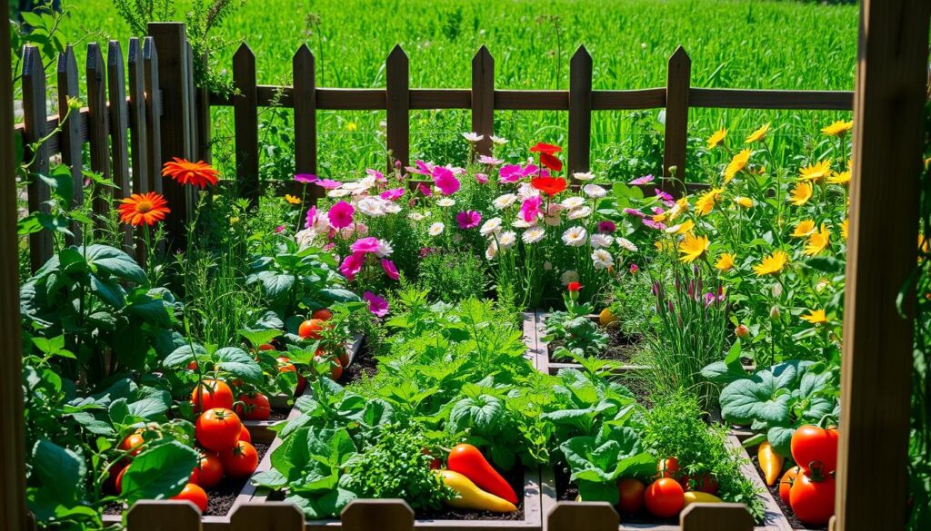 A charming and neatly organized small vegetable garden, with vibrant rows of various vegetables and herbs nestled amidst a captivating array of colorful flowers. The lush, sun-dappled scene is framed by a rustic wooden fence, creating a sense of cozy enclosure. In the foreground, neatly tended beds showcase a variety of thriving produce, from leafy greens to vibrant tomatoes and peppers. The middle ground features a harmonious blend of flowering plants, their petals dancing in a gentle breeze. The background showcases a verdant, verdant backdrop, hinting at a larger, well-tended garden beyond. The overall composition exudes a serene, pastoral atmosphere, inviting the viewer to imagine the peaceful pleasures of tending to a small, but bountiful, vegetable oasis.