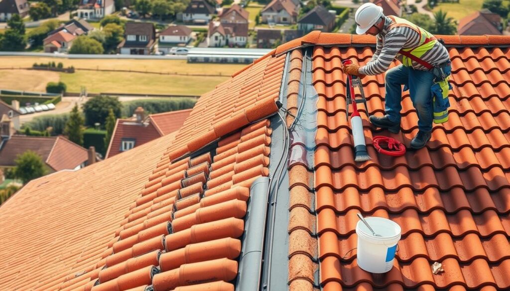 A clear, step-by-step illustration of a roof being sealed, captured in a crisp, documentary-style photograph. The foreground features a worker applying a thick sealant along the joints and seams of the roof tiles, meticulously following each step. The middle ground showcases the various tools and materials used, including a caulking gun, brushes, and buckets of sealant. The background provides a panoramic view of the roof, showcasing its intricate structure and the surrounding environment, perhaps a residential neighborhood or a picturesque countryside. Warm, natural lighting bathes the scene, conveying a sense of professionalism and attention to detail in the roof sealing process.