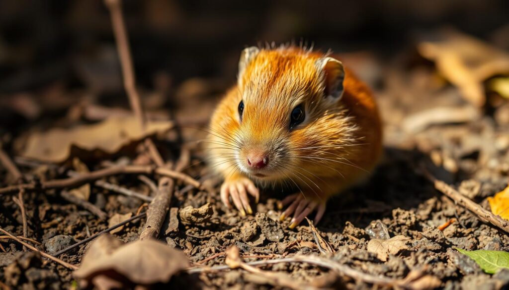 A close-up photograph of a nornice (Myodes glareolus), also known as a bank vole, resting on a forest floor. The small rodent has a reddish-brown fur coat, large eyes, and a pointed snout. Its nimble paws are firmly gripping the soil, surrounded by fallen leaves and twigs. The lighting is soft and natural, creating gentle shadows that accentuate the nornice's delicate features. The depth of field is shallow, allowing the subject to stand out in sharp focus against a slightly blurred, earthy background. The overall mood is one of curiosity and tranquility, conveying the nornice's role as a small, yet integral part of the forest ecosystem. A close-up photograph of a nornice (Myodes glareolus), also known as a bank vole, resting on a forest floor. The small rodent has a reddish-brown fur coat, large eyes, and a pointed snout. Its nimble paws are firmly gripping the soil, surrounded by fallen leaves and twigs. The lighting is soft and natural, creating gentle shadows that accentuate the nornice's delicate features. The depth of field is shallow, allowing the subject to stand out in sharp focus against a slightly blurred, earthy background. The overall mood is one of curiosity and tranquility, conveying the nornice's role as a small, yet integral part of the forest ecosystem.