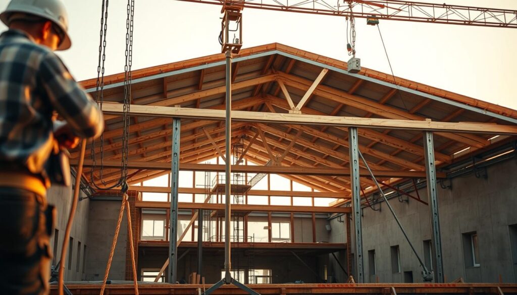 A close-up view of a construction site, focused on the process of raising a roof without dismantling the existing structure. In the foreground, skilled workers meticulously operate a system of hydraulic jacks, carefully lifting the roof in a controlled, step-by-step manner. The middle ground showcases the intricate framework and supports that stabilize the structure during the delicate operation. In the background, the partially raised roof reveals the interior of the building, providing a glimpse into the innovative techniques employed to modernize the space without compromising its structural integrity. Warm, diffused lighting casts a gentle glow, highlighting the precision and expertise required to execute this challenging construction method.