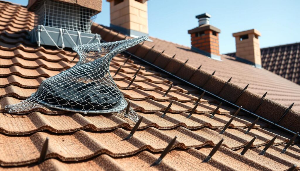 A close-up view of a residential roof's protective measures against pine martens (Martes martes), commonly known as "kuna" in Polish. The frame showcases a variety of deterrents, including metal mesh or wire netting covering the roof's edges and chimneys, as well as specialized spiked or angled surfaces to prevent the agile carnivores from gaining a foothold. The materials appear durable and weather-resistant, blending seamlessly with the natural tones of the tile or shingle roofing. Subtle shadows cast by the architectural elements suggest a bright, midday lighting, emphasizing the structural details designed to safeguard the building from these persistent, resourceful intruders.
