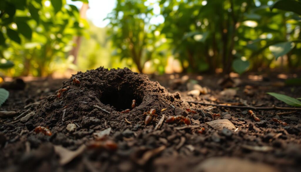 A close-up view of an ant nest in a garden, with soil and leaf litter in the foreground. The nest's entrance is visible, surrounded by a mound of excavated earth and a few foraging ants. The middle ground shows the dense, green foliage of surrounding plants, casting dappled shadows on the ground. The background has a slightly blurred, out-of-focus effect, creating a sense of depth. The lighting is natural, with warm, golden tones suggesting an afternoon or early evening setting. The overall mood is one of close observation and discovery, inviting the viewer to explore the intricate world of the ant colony.