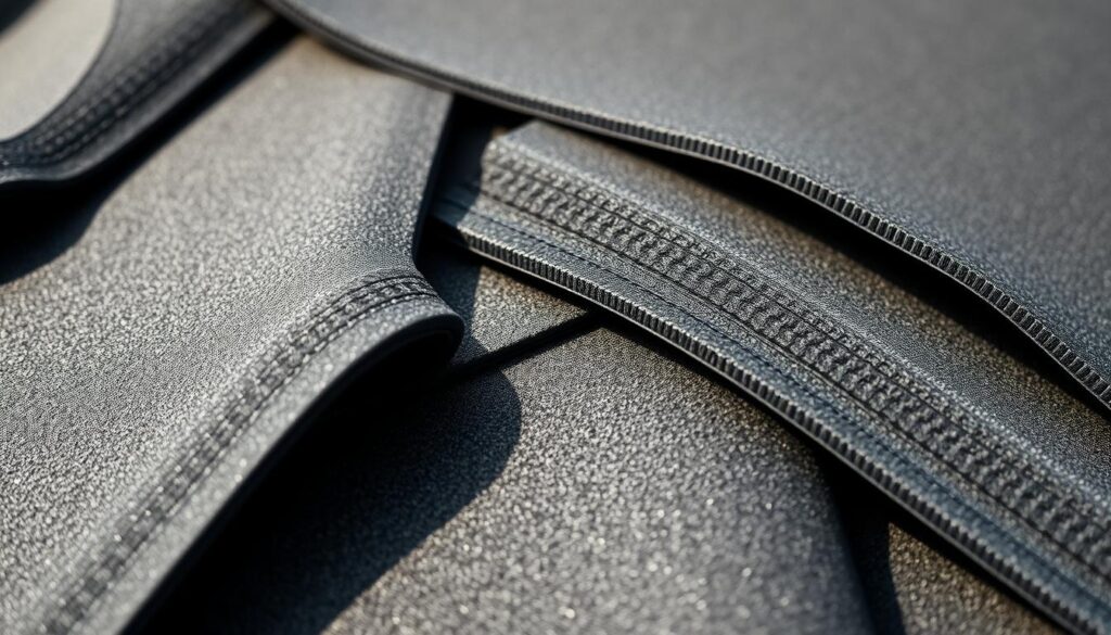 A close-up view of bituminous membranes, showcasing their layered structure and distinctive surface texture. The membranes are depicted in a neutral, muted color palette, casting subtle shadows that highlight their dimensional qualities. The lighting is soft and diffused, creating a sense of depth and materiality. The camera angle is slightly elevated, allowing the viewer to appreciate the intricate details and patterns of the bituminous material. The overall mood is one of technical precision and functional elegance, conveying the utility and versatility of these roofing alternatives. A close-up view of bituminous membranes, showcasing their layered structure and distinctive surface texture. The membranes are depicted in a neutral, muted color palette, casting subtle shadows that highlight their dimensional qualities. The lighting is soft and diffused, creating a sense of depth and materiality. The camera angle is slightly elevated, allowing the viewer to appreciate the intricate details and patterns of the bituminous material. The overall mood is one of technical precision and functional elegance, conveying the utility and versatility of these roofing alternatives.