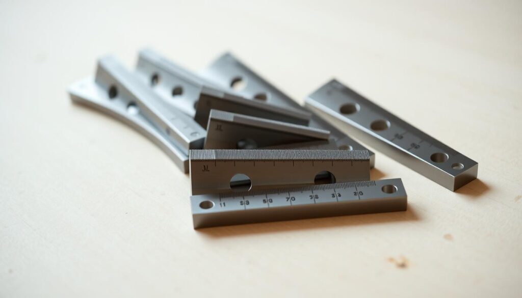 A close-up view of several precision leveling wedges, or "wkręty poziomujące" in Polish, arranged neatly on a smooth, light-colored surface. The wedges are made of metal and have graduated markings, allowing for precise adjustments. The lighting is soft and diffused, creating subtle shadows that highlight the intricate details of the tools. The composition is centered and balanced, emphasizing the importance and functionality of these essential carpentry accessories used for setting the roof truss diagonals with utmost precision.