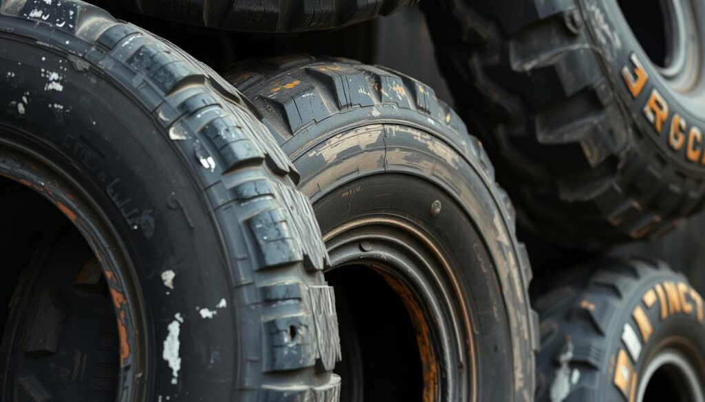 A close-up view of several weathered and worn painted tires, showcasing their durability and longevity. The paint has faded and chipped in some areas, revealing the tire's original black color. The tires are arranged in a natural, organic composition, with varying degrees of wear and tear, suggesting the passage of time and the elements they have endured. The lighting is soft and diffused, creating a muted, earthy tone that complements the rugged, textured surface of the tires. The image captures the resilience and long-lasting nature of the painted tires, highlighting their suitability for outdoor garden decor and DIY projects.