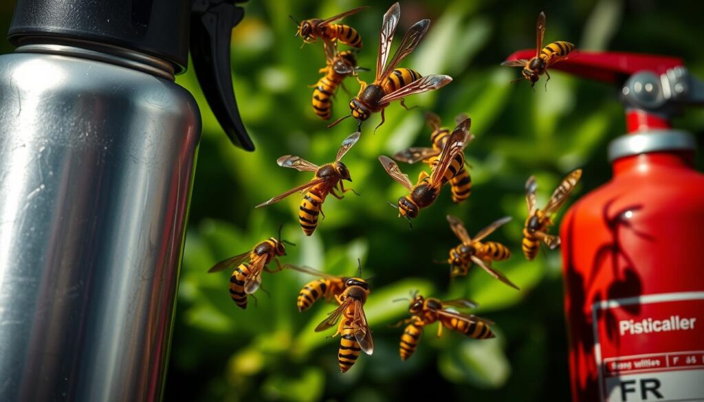 A close-up view of several yellow-and-black striped wasps swarming around a chemical pesticide spray can and a fire extinguisher, set against a blurred background of lush green foliage. The wasps appear aggressive, their compound eyes and sharp mandibles clearly visible. The can and extinguisher are positioned prominently, suggesting effective methods to safely and efficiently eliminate the wasp infestation. Dramatic, high-contrast lighting casts dramatic shadows, creating a sense of urgency and danger. The overall scene conveys a practical, no-nonsense approach to dealing with a persistent pest problem in the garden.
