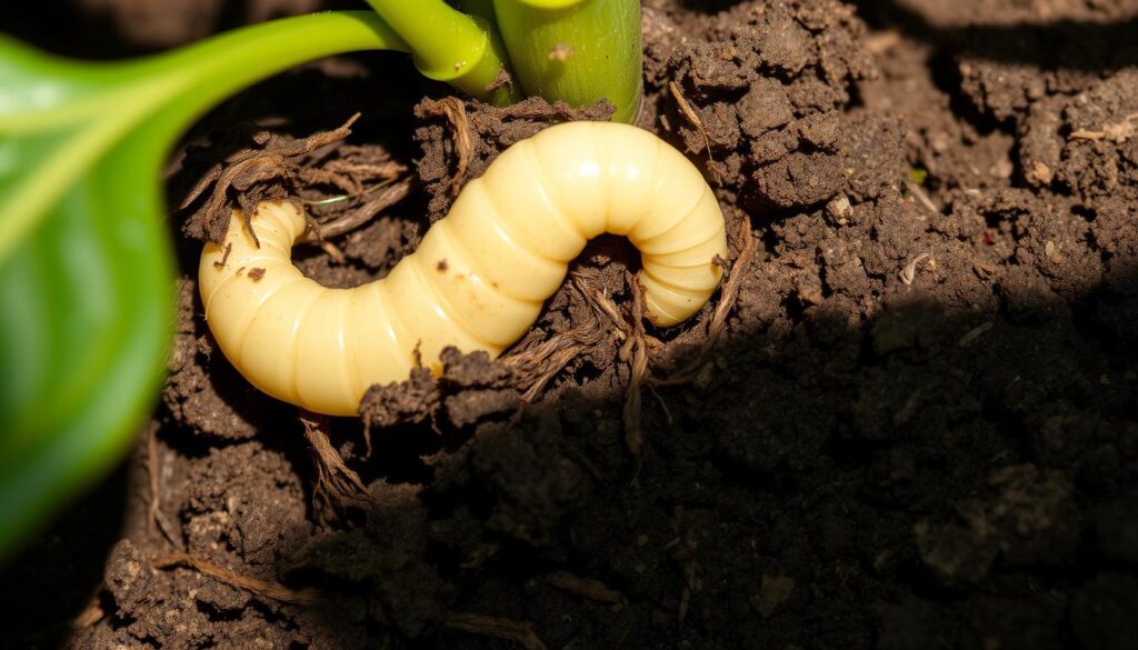 A close-up view of the damaged roots and soil around a plant, showing the telltale signs of a Chafer Beetle (Melolontha melolontha) larva, also known as the Cockchafer or Junebug grub. The larva is depicted in vivid detail, its pale, C-shaped body partially exposed, surrounded by the disrupted earth. The scene is illuminated by soft, natural lighting, casting subtle shadows that accentuate the textural qualities of the soil and the larva's form. The overall composition emphasizes the destructive impact of this common garden pest, providing a clear visual reference for the section on "Symptoms and Locations of the Chafer Beetle" in the article.
