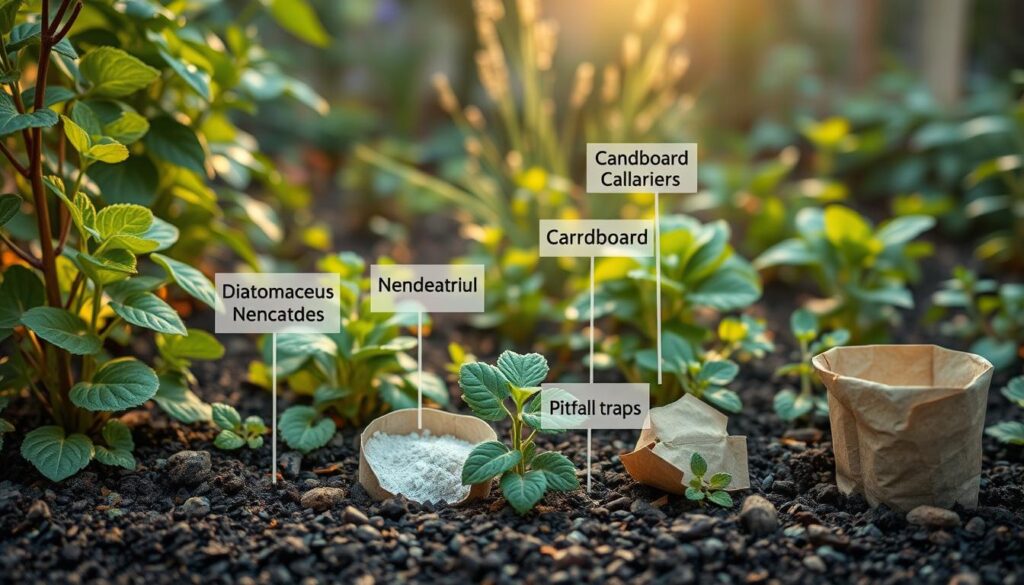 A close-up view of various natural and mechanical methods for controlling the vine weevil (Otiorhynchus sulcatus) in a lush garden setting. The foreground features organic pest control tools like nematodes, diatomaceous earth, and beneficial nematodes. The middle ground showcases physical barriers like cardboard collars and pitfall traps. The background depicts a well-tended garden bed with healthy plants thriving amidst the integrated pest management strategies. Soft, warm lighting illuminates the scene, creating a sense of balance and tranquility. Captured with a wide-angle lens to emphasize the comprehensive, holistic approach to protecting the garden from this common soil-dwelling pest.