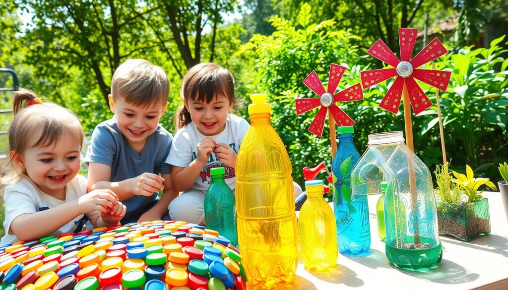 A colorful, playful scene of creative plastic bottle projects for a children's garden education. In the foreground, a group of young children enthusiastically assemble a vibrant bottle-cap mosaic, their faces filled with delight. The middle ground showcases a variety of whimsical bottle-based planters, from a spinning windmill to a miniature greenhouse. In the background, a lush, verdant garden provides a natural backdrop, with sunlight filtering through the leaves. The overall atmosphere is one of discovery, hands-on learning, and environmental stewardship, inspiring young minds to explore the endless possibilities of repurposed materials.