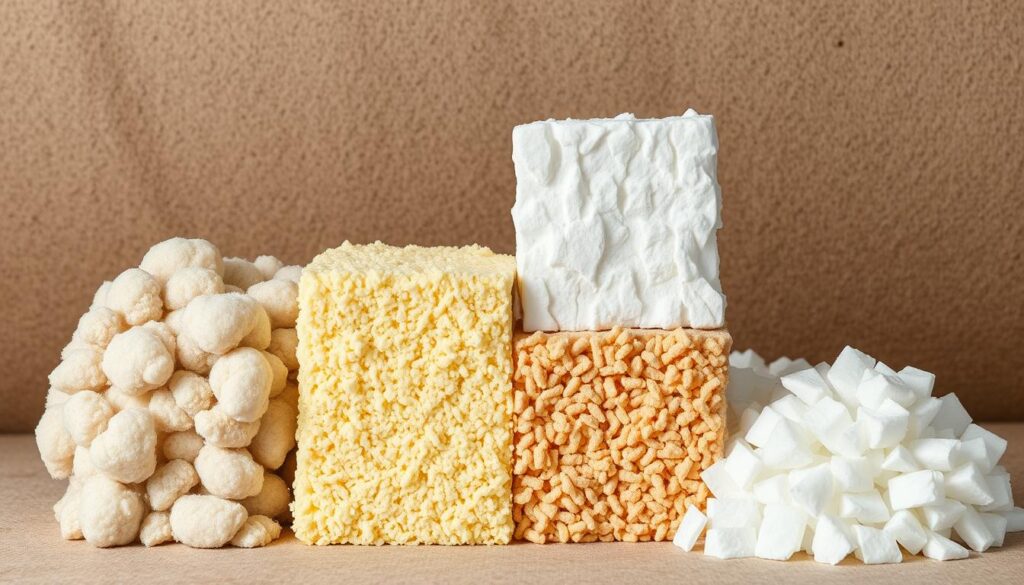 A comparative display of insulation materials, featuring a side-by-side arrangement of samples of wool, polyurethane foam, polystyrene, and cellulose. The materials are depicted with realistic textures, densities, and colors, allowing a detailed visual assessment of their properties. The scene is captured with a wide-angle lens, showcasing the materials in a well-lit, neutral environment, emphasizing their visual contrasts and characteristics. The overall composition creates a clear, informative, and visually appealing representation of the insulation options, suitable for inclusion in an article on roof insulation costs and materials.