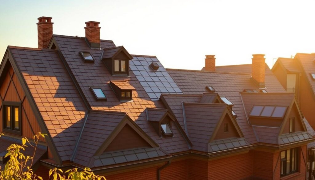 A complex rooftop with an array of unconventional shapes and angles, bathed in warm, golden afternoon light. The architectural design features a variety of intersecting planes, dormers, and asymmetrical peaks, creating a visually striking and intricate composition. The roof is divided into distinct, geometrically-defined panels, each with unique dimensions and slopes, posing a challenging calculation exercise. The scene conveys a sense of architectural creativity and technical complexity, suitable for illustrating the "Obliczenia dla dachów o nietypowych kształtach — podział na panele" section of the article.