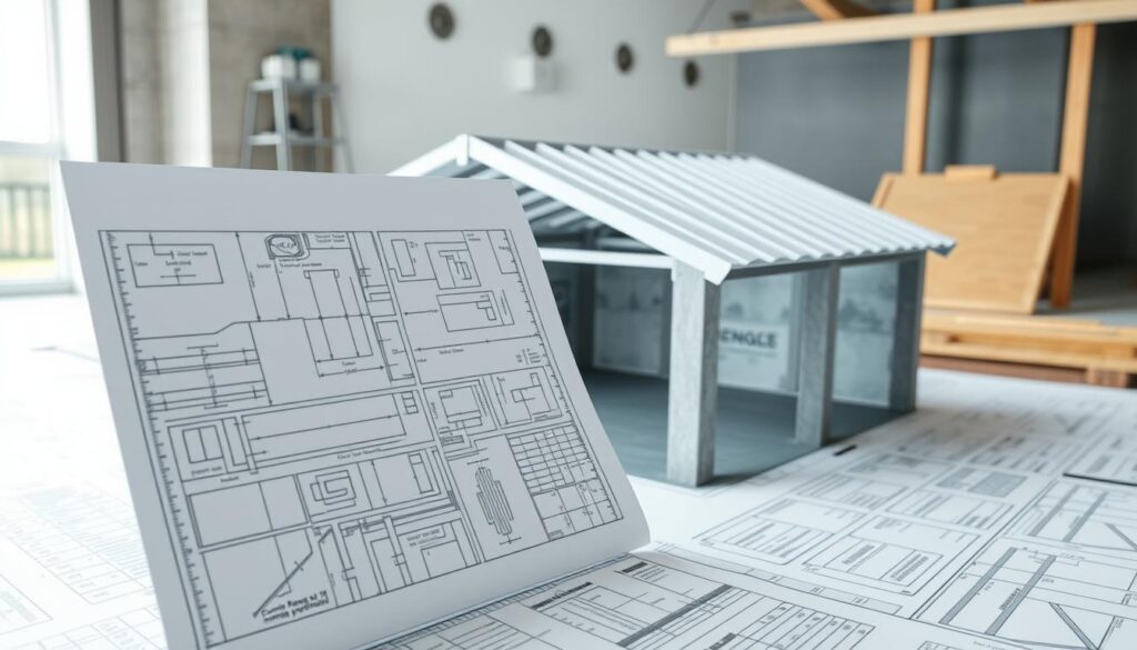 A comprehensive architectural diagram showcasing the construction regulations and requirements for a concrete panel garage. The foreground depicts a detailed blueprint with technical schematics, measurements, and building code notations. The middle ground features a 3D rendered model of the garage structure, highlighting the panel assembly and roofing system. The background subtly blends various construction materials such as concrete, steel, and wood, creating a sense of depth and authenticity. The lighting is soft and neutral, illuminating the technical details without distracting from the overall composition. The final image conveys a professional, informative tone suitable for an instructional construction manual. A comprehensive architectural diagram showcasing the construction regulations and requirements for a concrete panel garage. The foreground depicts a detailed blueprint with technical schematics, measurements, and building code notations. The middle ground features a 3D rendered model of the garage structure, highlighting the panel assembly and roofing system. The background subtly blends various construction materials such as concrete, steel, and wood, creating a sense of depth and authenticity. The lighting is soft and neutral, illuminating the technical details without distracting from the overall composition. The final image conveys a professional, informative tone suitable for an instructional construction manual.