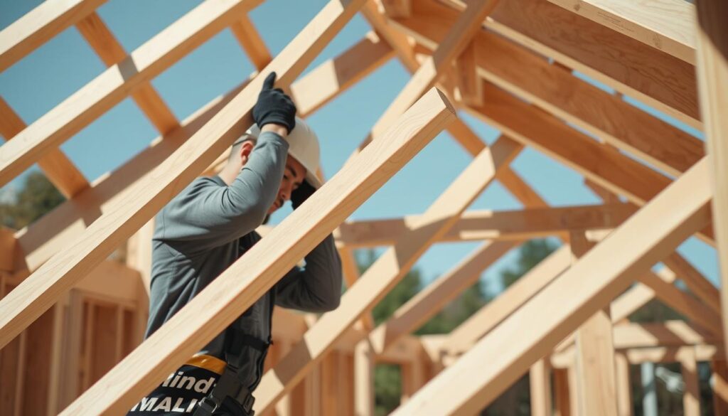 A construction site in bright daylight, with a skilled worker carefully installing wooden roof battens onto a partially built frame. The scene is captured from a slightly elevated angle, showcasing the worker's precise movements and the intricate patterns formed by the intersecting battens. The background is blurred, keeping the focus on the foreground action. Soft shadows cast by the battens create a sense of depth and dimension. The overall atmosphere is one of focused professionalism and attention to detail, reflecting the technical aspects of the roof batten installation process.