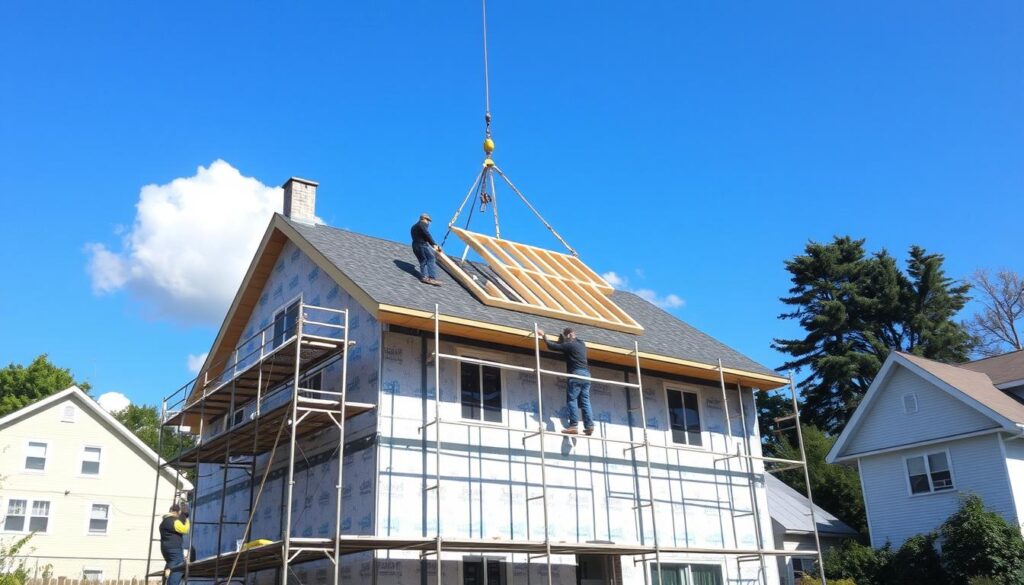 A construction site on a sunny day, with a two-story house in the foreground. Scaffolding surrounds the building, and workers are carefully hoisting a new roof structure into place. The roof is partially raised, revealing the interior framing. In the background, neighboring houses and trees create a sense of the local neighborhood. The scene conveys the practical and methodical progress of roof elevation, with attention to technical details and the careful coordination of the construction team.