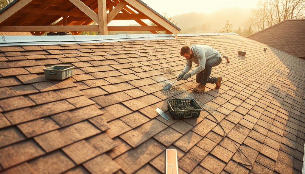 A construction site rooftop, with a weathered asphalt shingle roof undergoing preparation for sealant application. In the foreground, a worker meticulously scrapes and cleans the surface, removing debris and ensuring a clean, dry base. The middle ground reveals a toolbox and various sealant application tools, hinting at the upcoming task. The background showcases the structure's architecture, with exposed wooden beams and eaves, setting the scene for this essential roof maintenance procedure. Warm, diffused natural lighting filters through, casting soft shadows and lending a sense of focused, diligent work. The overall atmosphere conveys the importance of proper roof preparation before the application of protective sealants.