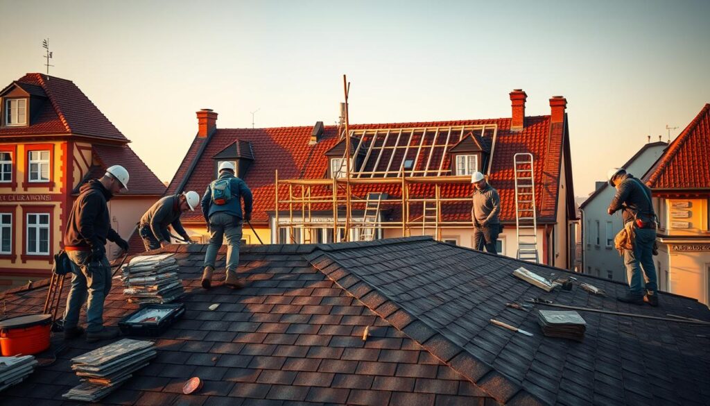 A construction site with a team of skilled roofers working on a new roof. The foreground features a group of workers carefully installing shingles, their tools and materials neatly organized around them. In the middle ground, a partially completed roof structure stands, surrounded by scaffolding and ladders. The background showcases the facade of a traditional European-style building, with a warm, golden hour lighting casting long shadows across the scene. The overall atmosphere conveys a sense of diligent craftsmanship and the hard work involved in roofing projects. The image should provide a visually compelling representation of the cost and labor associated with roofing work.