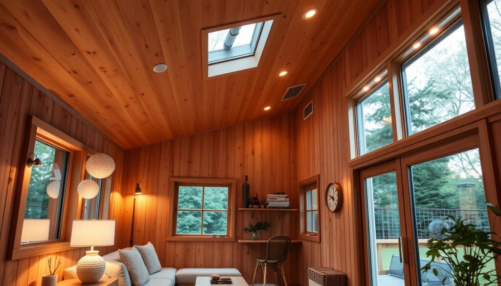 A cozy 25m2 summer cottage with warm, ambient lighting. The interior features a combination of natural wood and soft, diffused lighting, creating a welcoming and relaxing atmosphere. Strategically placed lamps and recessed ceiling lights provide gentle illumination, highlighting the cottage's charming details. The lighting is designed to complement the open-plan layout, ensuring a harmonious and well-lit space. Large windows allow natural light to flood the room, while discreet ventilation systems maintain a comfortable indoor climate. The overall lighting and ventilation scheme creates a seamless, inviting environment perfect for a peaceful summer retreat.