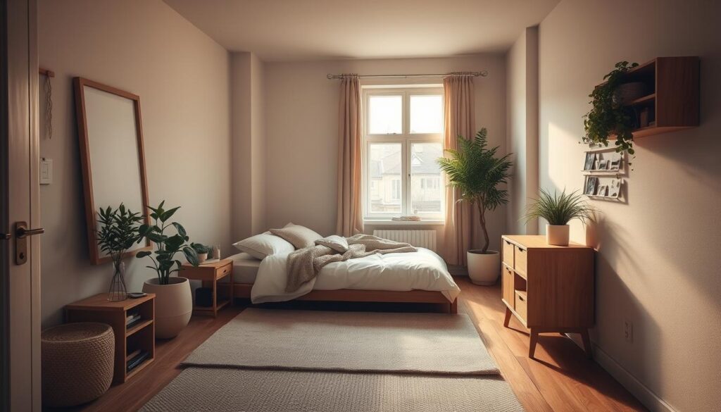 A cozy adult bedroom in a small space, bathed in warm, golden light from a large window. Minimal, Scandinavian-inspired decor with a low platform bed, natural wood furniture, and lush greenery accents. Soft, muted tones create a serene, inviting atmosphere. The room is organized and uncluttered, with clean lines and strategic storage solutions maximizing the limited square footage. A subtle, neutral palette allows the space to feel calm and tranquil, perfect for relaxation and rest.