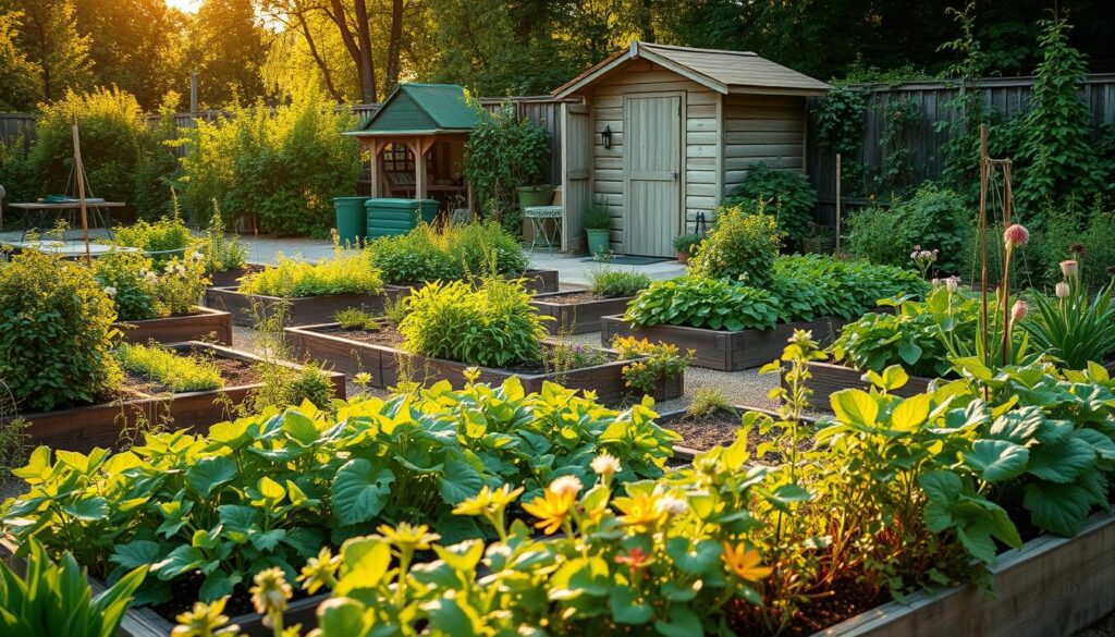 A cozy and budget-friendly allotment garden, with a vibrant variety of lush greenery, neatly arranged raised beds, and a charming rustic shed in the background. Warm afternoon sunlight filters through the trees, casting soft shadows across the well-tended plots. In the foreground, a mix of thriving vegetables, herbs, and flowers create a visually appealing and productive scene. The overall atmosphere is one of peaceful tranquility, inviting the viewer to imagine the joys of tending to this carefully curated, cost-effective oasis of nature.