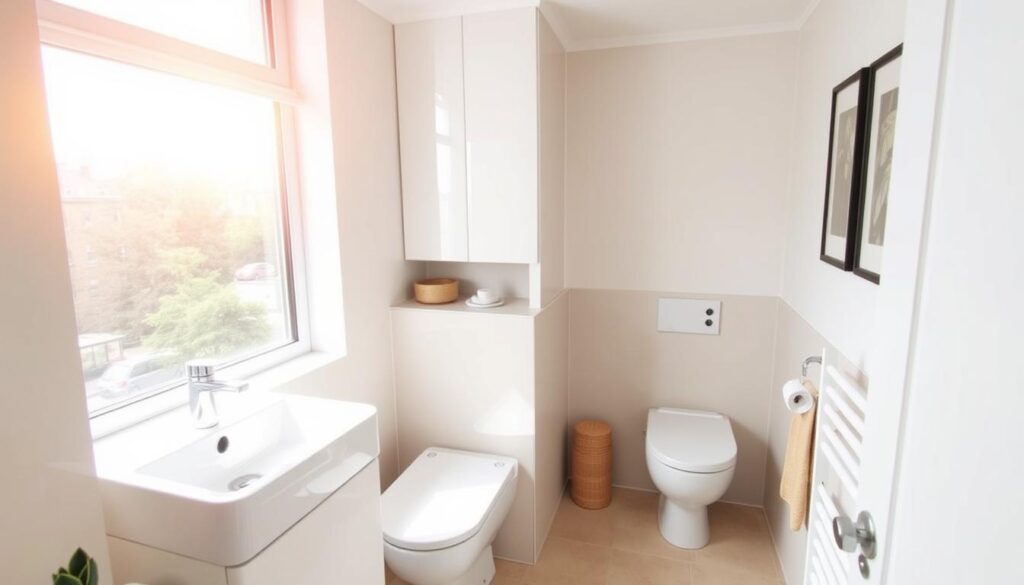 A cozy and efficient small bathroom in a compact apartment block. Bright, natural lighting streams through a large window, casting a warm glow on the clean, minimalist design. The vanity features a sleek, wall-mounted sink and storage, while a compact, tankless toilet maximizes the limited space. Neutral tones and simple, geometric tiles create a sense of openness. Carefully curated decor, such as a potted plant and a framed wall art, add personal touches. The overall atmosphere is one of functionality, comfort and a touch of elegance, perfectly suited for the limited dimensions of a small bathroom in a urban apartment building.