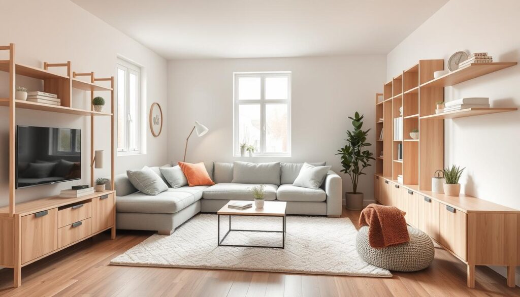 A cozy and functional Ikea-furnished small living space, featuring a minimalist Scandinavian design aesthetic. The room showcases a bright and airy ambiance, with clean lines, natural wood tones, and pops of soft pastel accents. A modular sofa occupies the central foreground, accompanied by a sleek coffee table and a plush area rug. Strategically placed Ikea shelving units and storage solutions line the walls, optimizing the limited square footage. Delicate potted plants and soft textiles add touches of warmth, while a large window floods the space with natural light, creating an inviting and harmonious atmosphere.