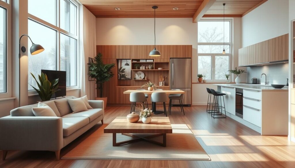 A cozy and functional open-plan living space with a seamless transition between the living room and kitchen. A modern, minimalist design aesthetic with natural wood accents and pops of greenery. Soft, diffused lighting from overhead fixtures and large windows floods the room, creating a warm and inviting atmosphere. The living area features a plush sofa, armchair, and a sleek, low-profile coffee table. The kitchen area boasts clean lines, a compact island with bar stools, and modern appliances integrated into the cabinetry. The overall layout feels spacious and harmonious, perfectly suited for a small apartment. A cozy and functional open-plan living space with a seamless transition between the living room and kitchen. A modern, minimalist design aesthetic with natural wood accents and pops of greenery. Soft, diffused lighting from overhead fixtures and large windows floods the room, creating a warm and inviting atmosphere. The living area features a plush sofa, armchair, and a sleek, low-profile coffee table. The kitchen area boasts clean lines, a compact island with bar stools, and modern appliances integrated into the cabinetry. The overall layout feels spacious and harmonious, perfectly suited for a small apartment.