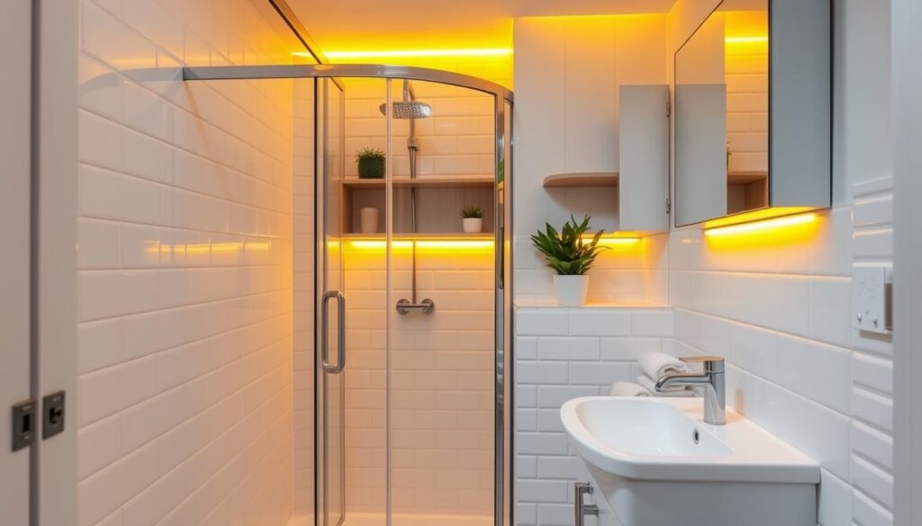 A cozy and functional small bathroom in a city apartment block, featuring a walk-in shower and minimalist white tiles. Warm yellow lighting casts a soft glow, creating a relaxing ambiance. Sleek vanity unit with a single basin and modern chrome fixtures. Compact storage solutions, such as wall-mounted shelves and a mirrored cabinet, maximize the limited space. Subtle pops of greenery, like a potted plant, add a natural touch. The overall design showcases clever space-saving techniques and a harmonious blend of modern and nature-inspired elements. A cozy and functional small bathroom in a city apartment block, featuring a walk-in shower and minimalist white tiles. Warm yellow lighting casts a soft glow, creating a relaxing ambiance. Sleek vanity unit with a single basin and modern chrome fixtures. Compact storage solutions, such as wall-mounted shelves and a mirrored cabinet, maximize the limited space. Subtle pops of greenery, like a potted plant, add a natural touch. The overall design showcases clever space-saving techniques and a harmonious blend of modern and nature-inspired elements.