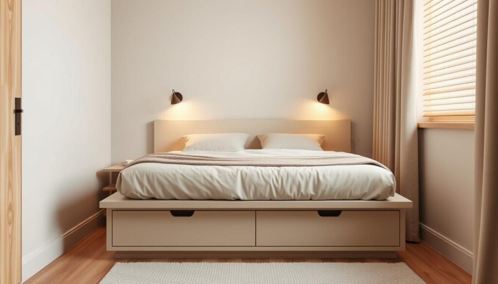 A cozy and functional small bedroom with a sleek, minimalist bed frame in a soft, neutral tone. The bed is elevated on a low platform, providing storage space underneath. Warm, diffused lighting from sconces mounted on the wall behind the headboard create a soothing ambiance. The room is accented with natural wood tones and soft, textured fabrics, fostering a serene and inviting atmosphere. The composition highlights the efficient use of space, showcasing how a compact bedroom can be stylishly furnished with a multi-purpose bed design.