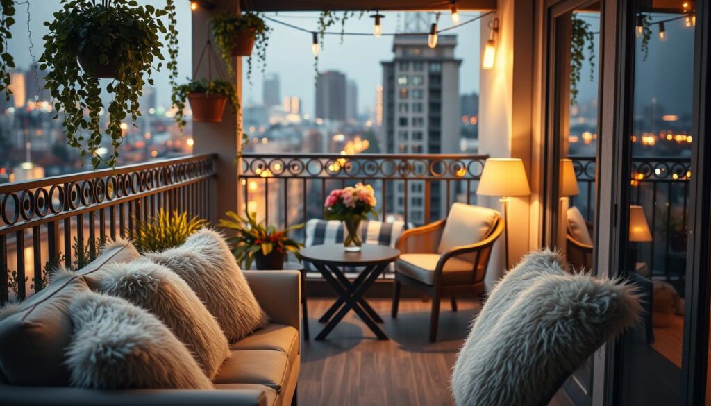 A cozy and inviting balcony scene, bathed in soft, warm lighting. In the foreground, a plush, modern sofa with fluffy throw pillows invites relaxation. Potted plants and hanging greenery line the railing, adding a touch of nature. The middle ground features a small wooden table with a vase of fresh flowers, accompanied by two comfortable armchairs. In the background, the cityscape is visible through the wrought-iron balcony railing, creating a sense of urban tranquility. The overall atmosphere is one of comforting ambiance, perfect for enjoying a peaceful moment or entertaining guests.