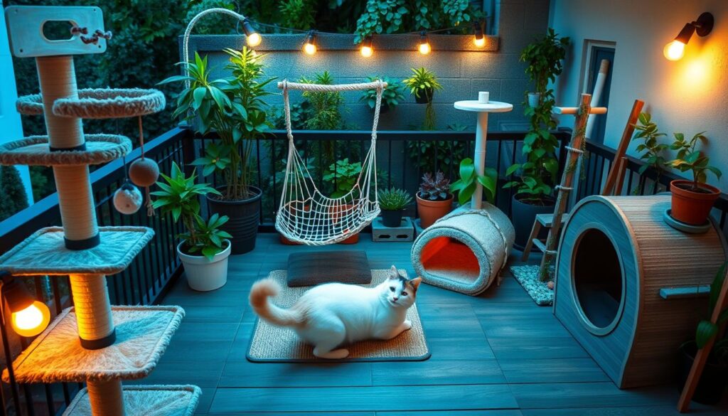 A cozy and inviting cat play area on a balcony, with various feline-friendly elements. In the foreground, a cat tree with perches, scratching posts, and dangling toys encourages playful exploration. In the middle ground, a cat hammock swing and a tunnel-shaped cat house provide comfortable resting spots. The background features potted plants, a miniature garden, and a trellis with cat-safe climbing vines, creating a lush, nature-inspired atmosphere. Warm, diffused lighting from overhead illuminates the scene, casting a soft, welcoming glow. The overall layout is thoughtfully designed to stimulate the cat's natural instincts and encourage active, enriched playtime on the balcony.