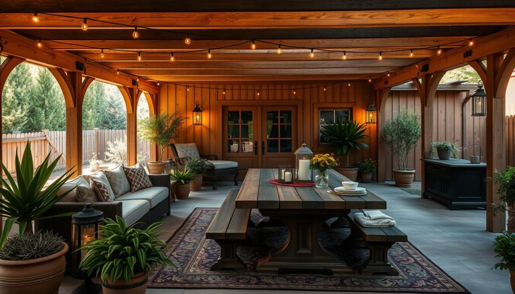 A cozy and inviting covered patio, bathed in warm, natural lighting that filters through a wooden pergola structure overhead. The interior space features a plush, comfortable seating arrangement, with an ornate area rug underfoot and lush potted plants adding greenery and texture. Rustic wooden furniture, including a large, weathered dining table and matching benches, creates a charming, farmhouse-inspired ambiance. Strategically placed lanterns and string lights lend a soft, ambient glow, fostering a relaxing and intimate atmosphere perfect for dining, entertaining, or simply unwinding.