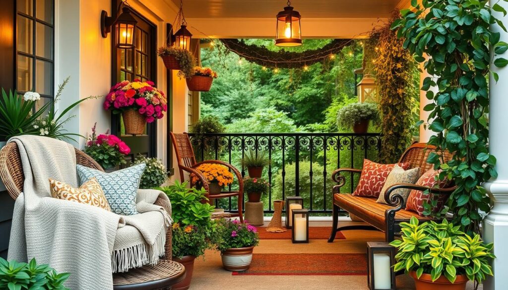 A cozy and inviting front porch adorned with lush greenery, vibrant floral arrangements, and plush textiles. In the foreground, a wicker chair draped with a soft throw blanket and decorative pillows invites visitors to relax and unwind. The middle ground features potted plants, hanging baskets, and a wooden bench dressed with colorful cushions. In the background, a wrought-iron railing is entwined with cascading vines, creating a natural and serene ambiance. Warm lighting from lanterns and string lights cast a gentle glow, evoking a sense of comfort and tranquility. The overall scene exudes a welcoming and inviting atmosphere, perfect for enhancing the charm and character of the home.