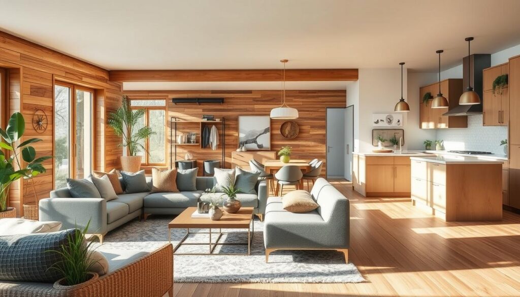 A cozy and inviting open-concept living space with a seamless integration of a living room, kitchen, and dining area. The room is bathed in warm, natural lighting from large windows, creating a bright and airy atmosphere. Sleek, modern furniture in neutral tones complements the rustic wood accents, while a plush area rug and stylish lighting fixtures add depth and character. The kitchen features clean lines, minimalist cabinets, and high-end appliances, blending harmoniously with the living and dining zones. Plants and greenery throughout the space bring a touch of nature indoors, further enhancing the serene and harmonious ambiance.