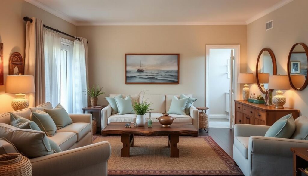 A cozy and inviting small living room, bathed in warm, diffused lighting. The walls are painted in a soft, muted palette of beige, sage, and subtle shades of blue, creating a sense of tranquility and harmony. The furniture, including a plush sofa and a pair of armchairs, is arranged to maximize the available space, while a large, rustic-inspired coffee table and a few carefully curated decorative elements add visual interest. The room is filled with natural textures, such as woven baskets and wooden accents, which blend seamlessly with the color scheme. Strategically placed mirrors and light-reflecting surfaces create an illusion of depth, making the space feel more expansive. The overall atmosphere is one of comfort, coziness, and a touch of elegance, perfectly suited for a small, yet inviting living room.