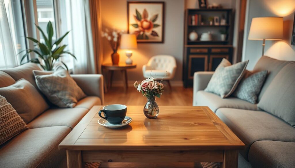 A cozy and inviting small living room with a carefully selected table as the focal point. The table is made of warm, natural wood, with a simple yet elegant design that complements the room's decor. The tabletop has a smooth, matte finish, reflecting the soft, ambient lighting that fills the space. The table is positioned in the center of the room, creating a harmonious balance with the surrounding furniture, including plush, comfortable seating and subtle, decorative accents. The overall atmosphere is one of relaxation and sophistication, inviting the viewer to imagine themselves enjoying a cup of coffee or entertaining guests in this charming, well-designed space.