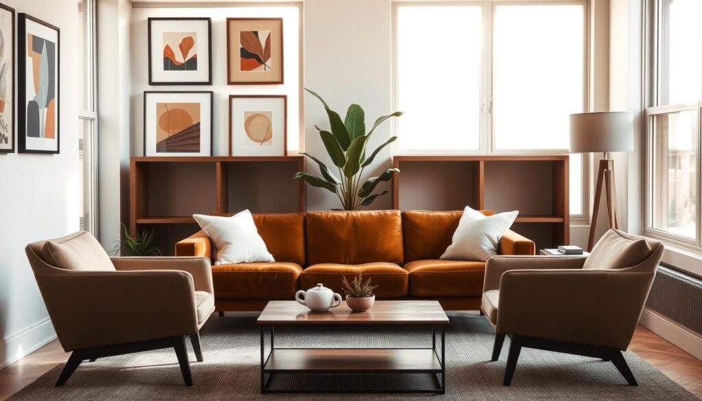 A cozy and inviting small living room with a mid-century modern aesthetic. The space is filled with natural light from large windows, casting a warm glow over the room. In the foreground, a plush velvet sofa in a rich, earthy tone sits centered, paired with two sleek, angular armchairs in a complementary neutral shade. A low, minimalist coffee table with clean lines anchors the seating arrangement. The walls are adorned with a gallery of framed abstract art pieces, adding pops of color and visual interest. In the background, a tall, slender plant in a simple ceramic pot stands tall, emphasizing the room's serene and balanced atmosphere. The overall mood is one of understated elegance and comfortable sophistication.