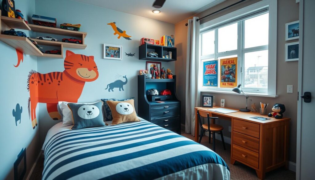 A cozy and personalized boy's bedroom with a vibrant accent wall featuring a playful animal mural. In the foreground, a twin-sized bed with striped bedding and plush animal-themed throw pillows. Complementing the mural, decorative shelves display an assortment of model cars, action figures, and framed superhero posters. The middle ground showcases a small wooden desk with a lamp and stationery supplies, hinting at the room's versatility for both play and study. In the background, a large window allows natural light to flood the space, creating a warm and inviting atmosphere. The overall design exudes a perfect balance of whimsy, functionality, and personal style, catering to the unique interests and needs of a young, curious boy.