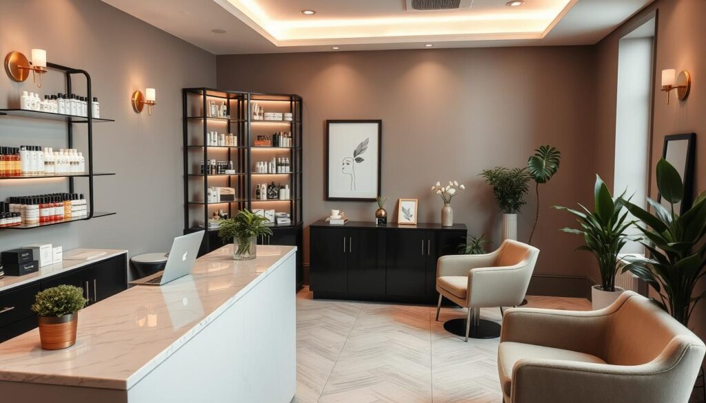 A cozy and stylish salon interior, featuring a sleek reception desk with a marble top, modern shelving units displaying an array of beauty products, and plush upholstered chairs for client consultations. Soft, warm lighting from brass sconces casts a inviting glow, while a large, framed mirror reflects the elegant décor. Potted plants and minimal, tasteful artwork add a touch of nature and personality to the space. The overall atmosphere is one of relaxation and professionalism, perfectly suited for a small, high-end cosmetic salon.
