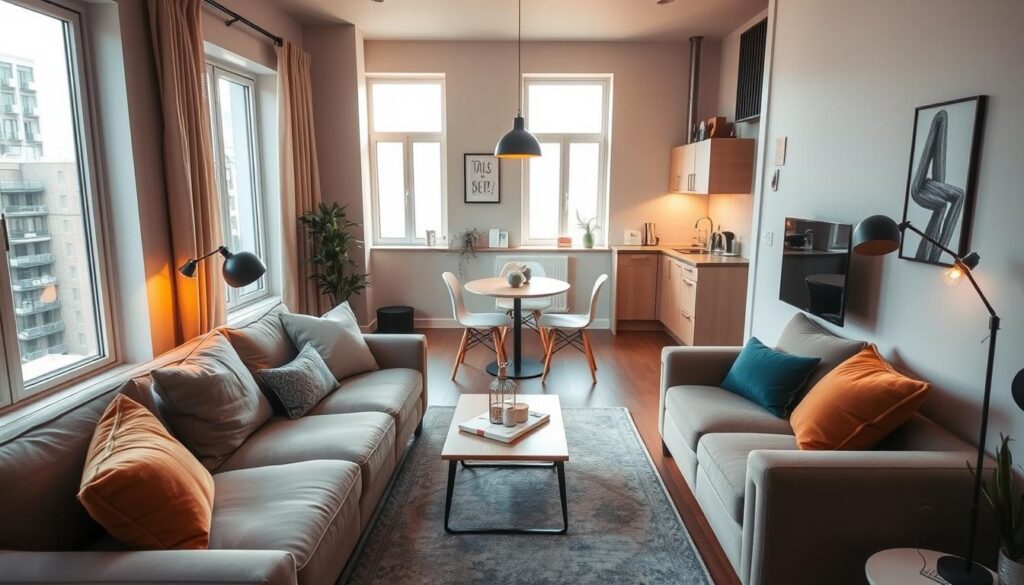 A cozy and stylish small apartment interior, bathed in warm, diffused lighting from large windows. In the foreground, a minimalist yet inviting living area with a plush, L-shaped sofa in muted earthy tones. Vibrant pops of color in the form of accent pillows and a rug add visual interest. The middle ground features a compact, multifunctional dining table and chairs, complemented by carefully curated decor pieces. In the background, a well-organized kitchenette with clean lines and light wood accents. The overall atmosphere is one of calm, efficient, and space-conscious design, capturing the essence of a thoughtfully arranged small living space.