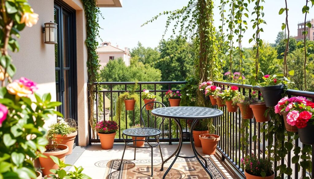 A cozy and stylish small balcony on a sunny day, with a wrought-iron table and chairs set against a backdrop of lush greenery and trailing vines. Potted plants and flowers in vibrant colors line the railing, creating a serene and inviting atmosphere. Soft lighting from wall-mounted fixtures casts a warm glow, and a patterned rug adds a touch of texture underfoot. The overall composition highlights the possibilities of transforming a compact outdoor space into a functional and visually appealing retreat.