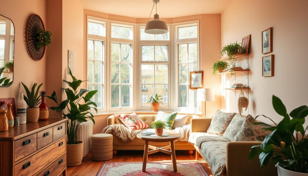 A cozy and vibrant small apartment interior, bathed in warm, natural lighting from large windows. The walls are painted in a soothing pastel palette, complemented by plush textiles and wooden furniture pieces. A mix of playful patterns and organic textures creates a sense of visual harmony. Carefully curated decor elements, such as plants and artwork, add pops of color and personality. The overall atmosphere is one of comfort, coziness, and a feeling of spaciousness, defying the apartment's compact dimensions. A cozy and vibrant small apartment interior, bathed in warm, natural lighting from large windows. The walls are painted in a soothing pastel palette, complemented by plush textiles and wooden furniture pieces. A mix of playful patterns and organic textures creates a sense of visual harmony. Carefully curated decor elements, such as plants and artwork, add pops of color and personality. The overall atmosphere is one of comfort, coziness, and a feeling of spaciousness, defying the apartment's compact dimensions.