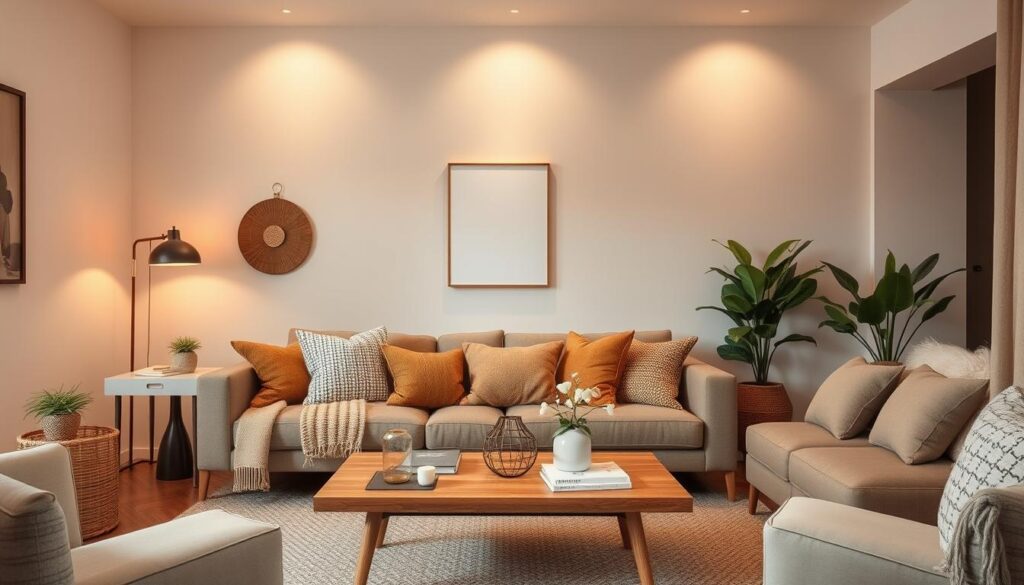 A cozy and welcoming living room with a stylish coffee table as the focal point. The walls are painted in a soothing neutral tone, complemented by warm accent lighting that casts a soft glow throughout the space. Plush, textured throw pillows in earthy tones adorn the comfortable sofa, creating a inviting and relaxing atmosphere. A mix of natural materials, such as wood and woven elements, add visual interest and texture to the room. Strategically placed potted plants and minimalist decor elements enhance the overall sense of balance and harmony. The room is captured from a slightly elevated angle, allowing for a comprehensive view of the carefully curated layout and color palette.