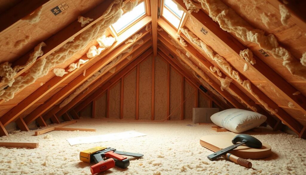 A cozy and well-insulated attic space, flooded with warm natural light filtering through a skylight. The roof structure is visible, showcasing the various layers of insulation materials, from rigid foam boards to batt insulation, each playing a crucial role in determining the overall cost. In the foreground, construction tools and samples of different insulation types are neatly arranged, inviting the viewer to explore the factors influencing the price of roof insulation, such as R-value, material quality, and installation complexity. The scene conveys a sense of informed decision-making, guiding the viewer through the process of understanding the cost drivers for this essential home improvement project.
