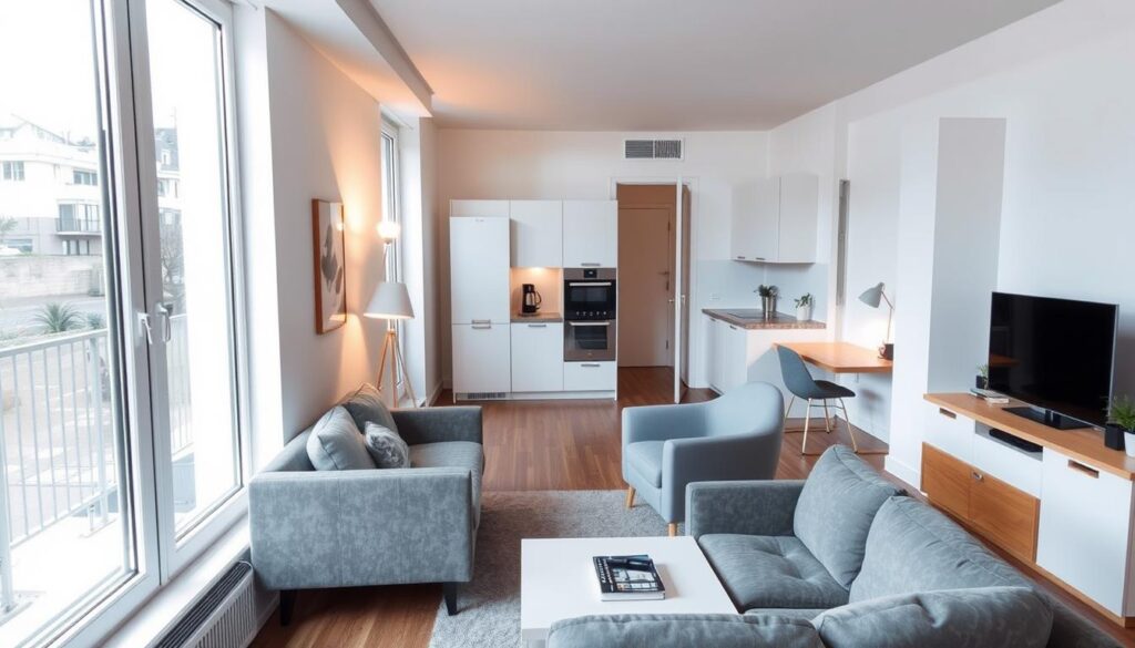 A cozy and well-organized 35 square meter apartment, flooded with natural light from large windows. In the foreground, a minimalist living area with a plush sofa and armchair arranged around a low coffee table. The middle ground features a compact kitchen with sleek white cabinets and stainless steel appliances. In the background, a simple but functional workspace with a wooden desk and ergonomic chair. Warm, ambient lighting creates a inviting atmosphere, while the clean, Scandinavian-inspired design aesthetic maximizes the sense of space. The overall impression is of a comfortable, highly livable small home. A cozy and well-organized 35 square meter apartment, flooded with natural light from large windows. In the foreground, a minimalist living area with a plush sofa and armchair arranged around a low coffee table. The middle ground features a compact kitchen with sleek white cabinets and stainless steel appliances. In the background, a simple but functional workspace with a wooden desk and ergonomic chair. Warm, ambient lighting creates a inviting atmosphere, while the clean, Scandinavian-inspired design aesthetic maximizes the sense of space. The overall impression is of a comfortable, highly livable small home.